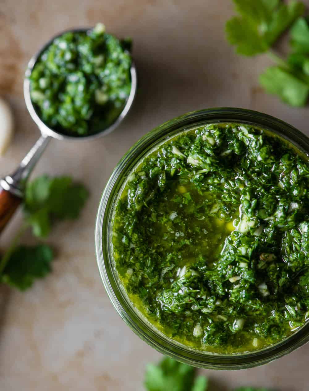 homemade chimichurri with parsley and cilantro