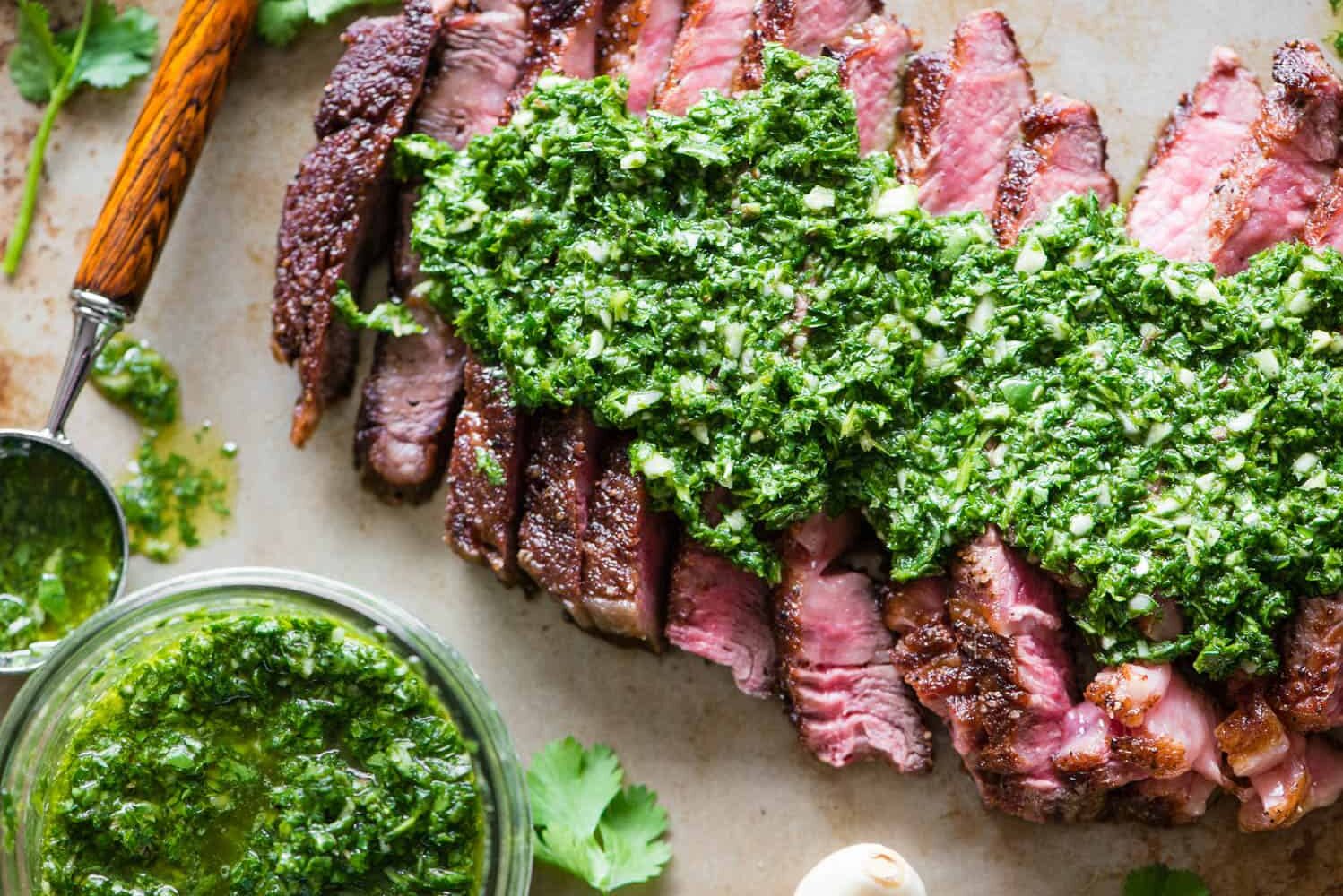 pan seared rib eye steak with Chimichurri Sauce