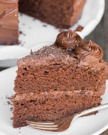slice of homemade chocolate cake on plate