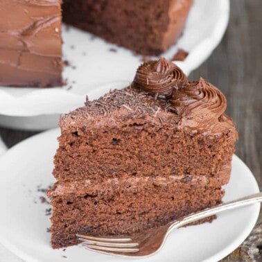 slice of homemade chocolate cake on plate