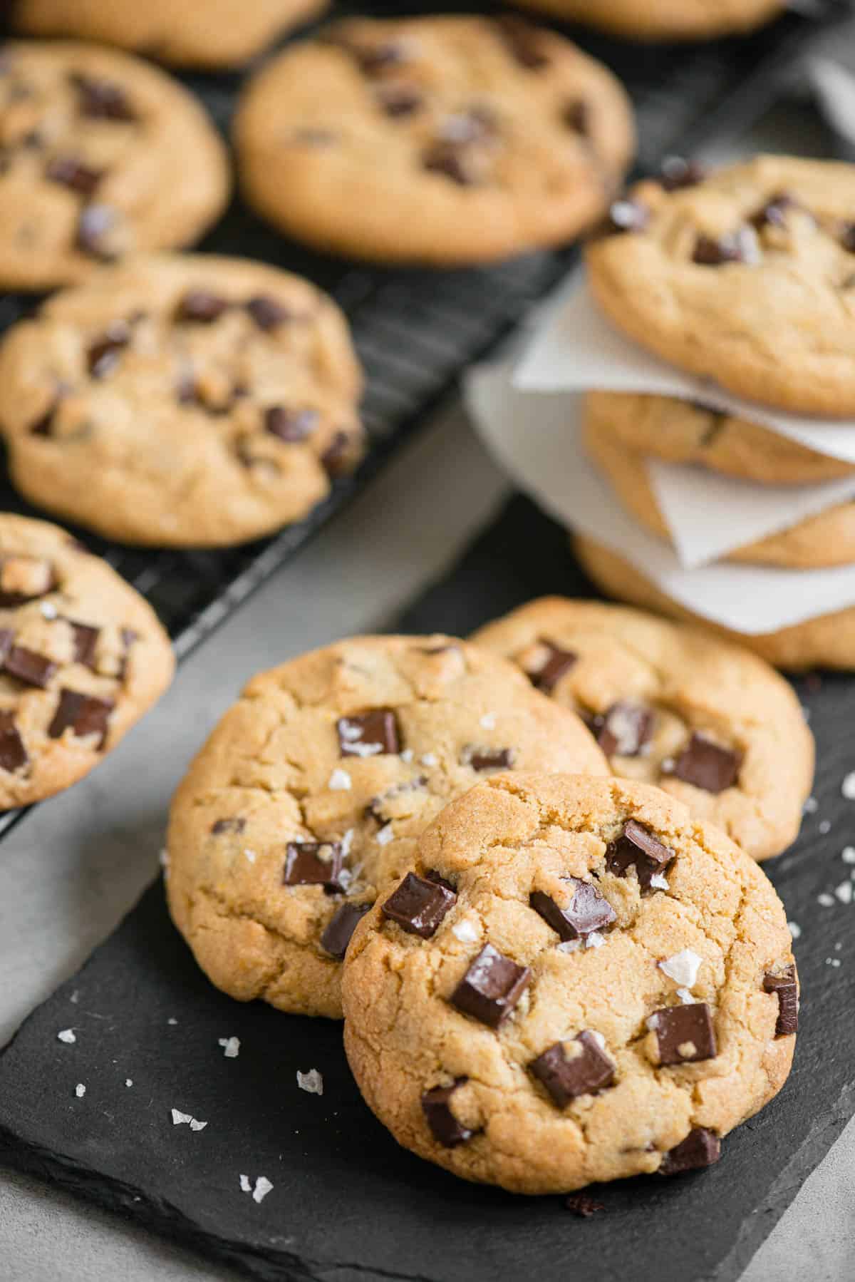 stack of brown butter chocolate chunk cookies