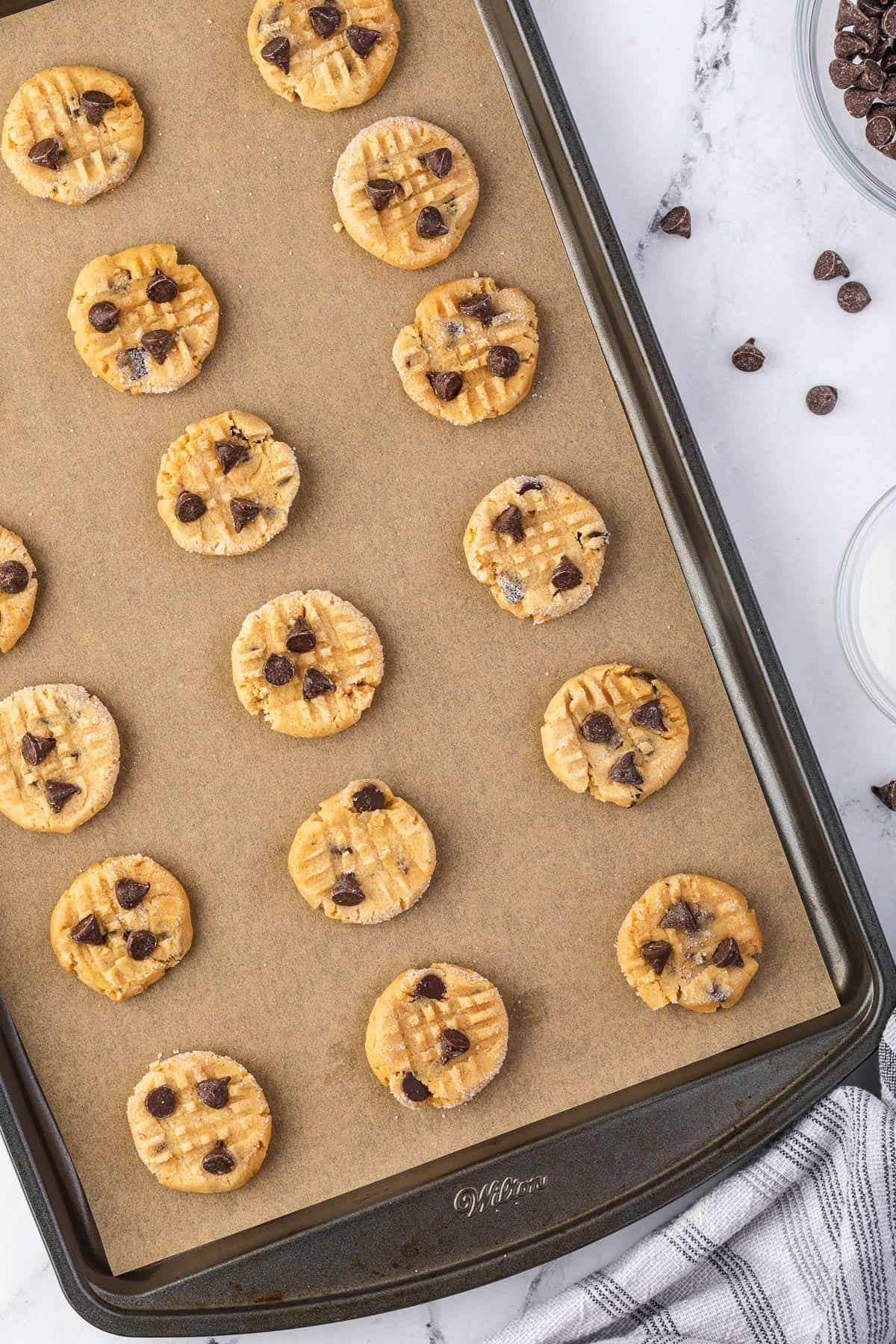 chocolate chip peanut butter cookies on baking sheet prior to baking
