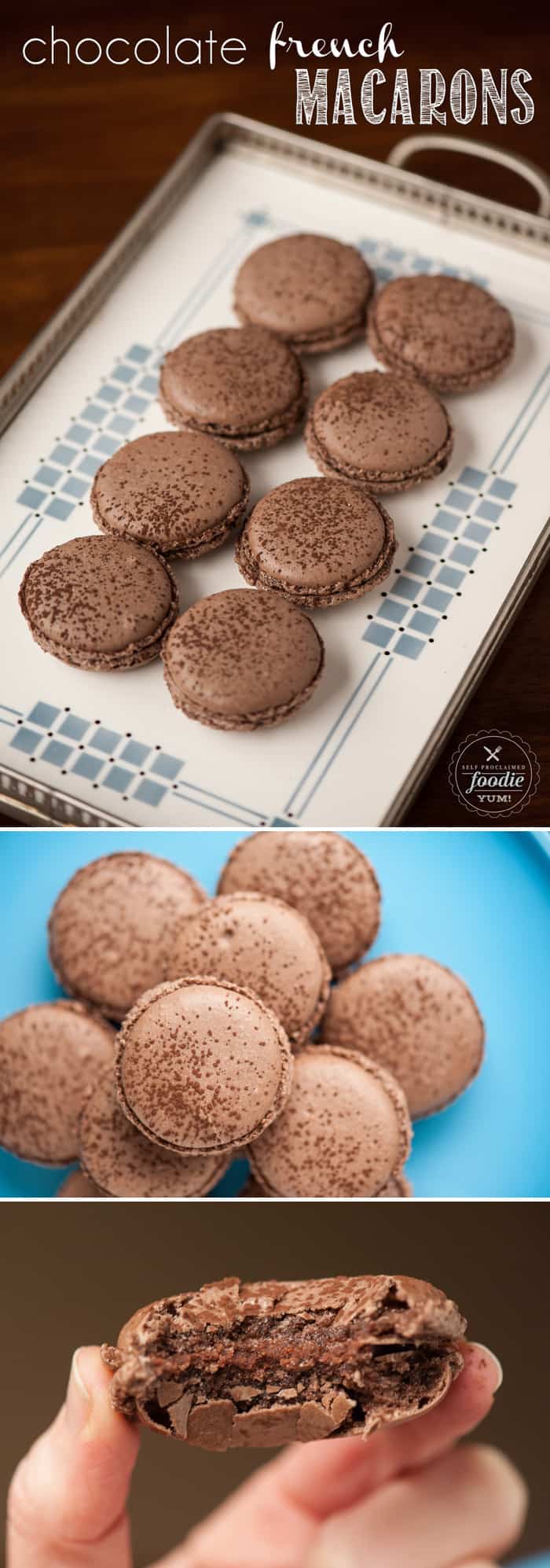 Chocolate Macarons on white tray