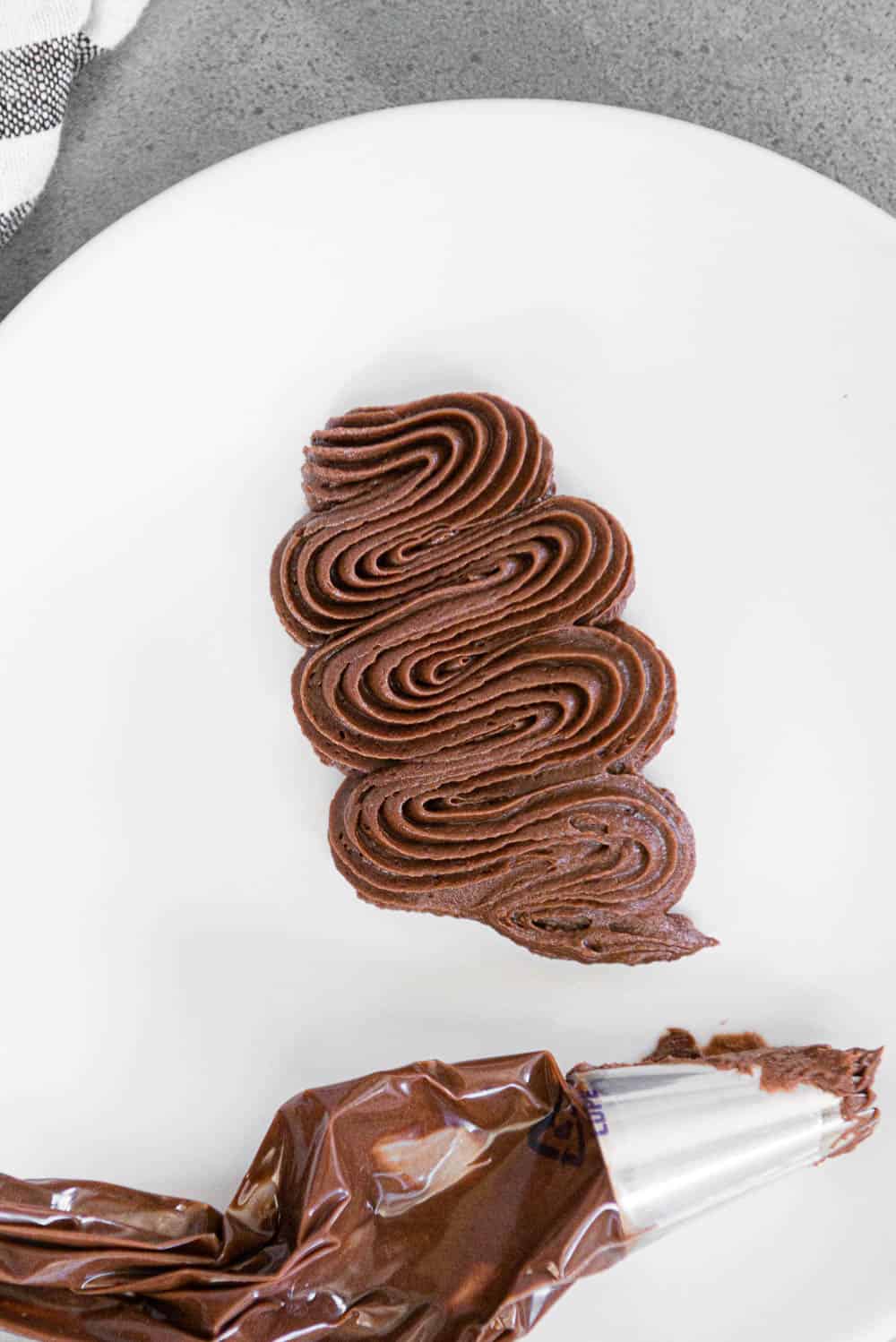 swirl of homemade chocolate frosting on white plate