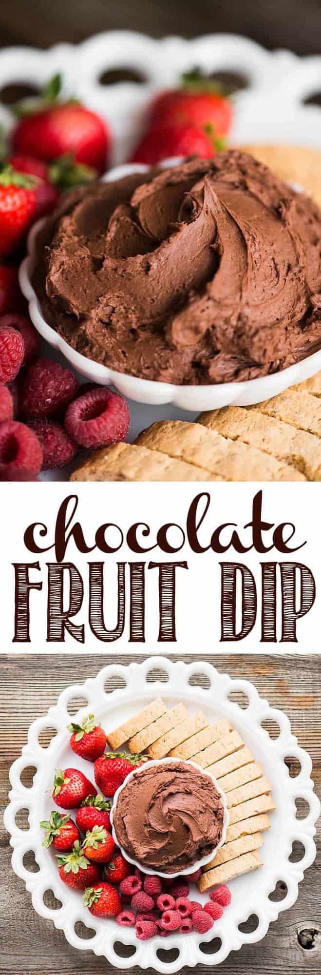 Chocolate Fruit Dip tastes like a heavenly chocolate cheesecake. It's the perfect sweet appetizer or dessert when served with cookies and fruit. #chocolate #fruitdip #chocolatefruitdip #creamcheese