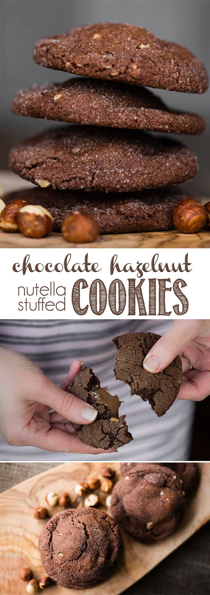 Chocolate Hazelnut Nutella Stuffed Cookies combine a homemade chewy chocolate hazelnut cookie that is wrapped around a melted mouthful of creamy Nutella. These rich and decadent cookies with a surprise in the middle are perfect any time of year, but are extra loved during the holidays. Warm or cold, they're delicious! #chocolate #hazelnut #nutella #cookies #stuffed #stuffedcookies