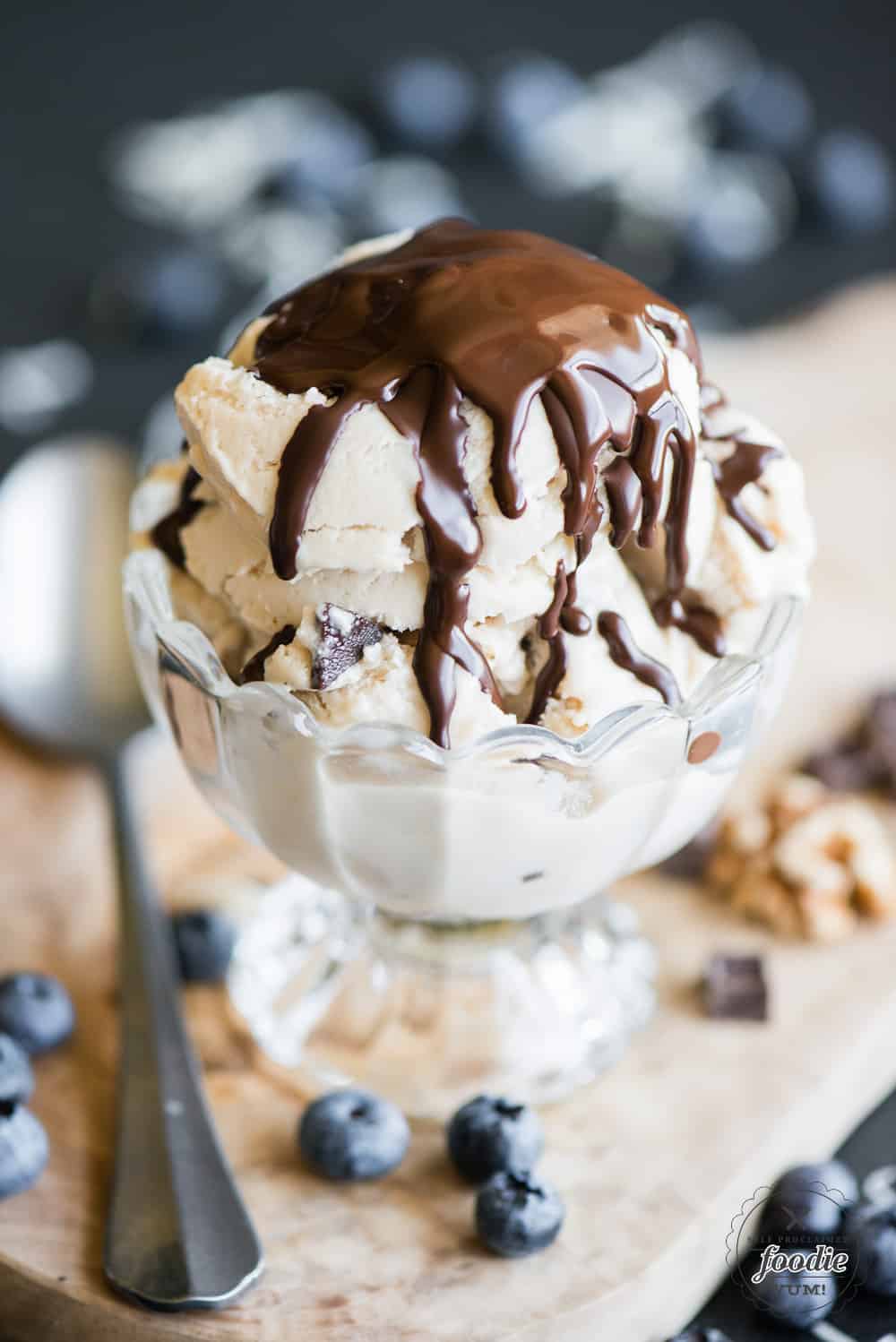 ice cream in dish topped with homemade chocolate magic shell
