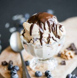 ice cream in a dish topped with chocolate magic shell