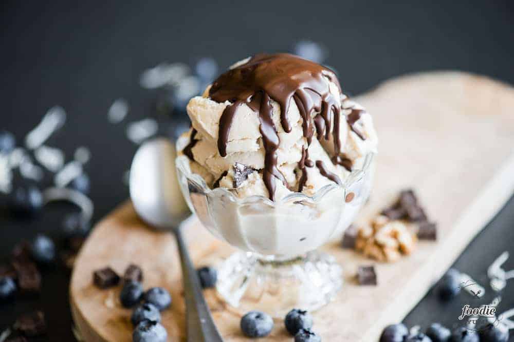 chocolate covered ice cream in dish