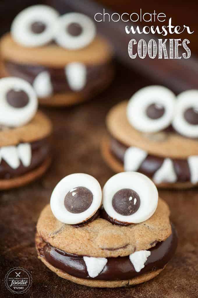 Chocolate Monster Cookies are the best Halloween cookies because they're made with candy googly eyes, chewy chocolate chip cookies, and chocolate ganache.