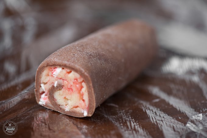 a roll of chocolate peppermint swirl cookies