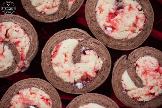 a dish of chocolate peppermint swirl cookies