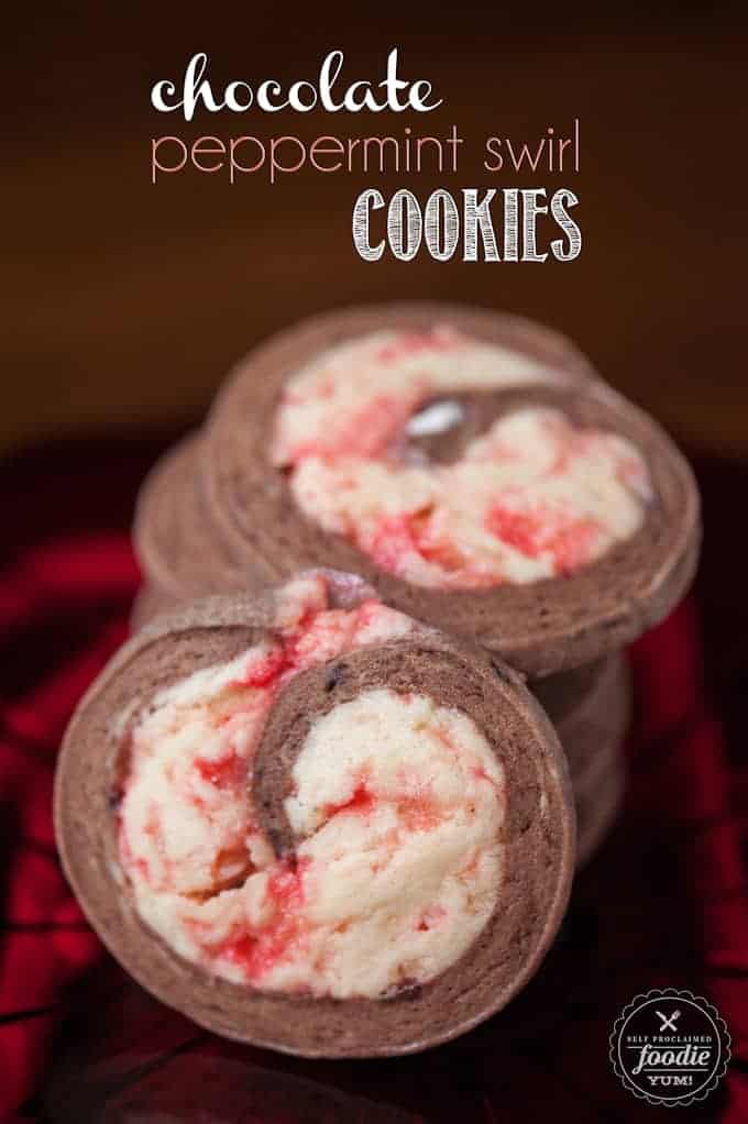 a stack of chocolate peppermint swirl cookies