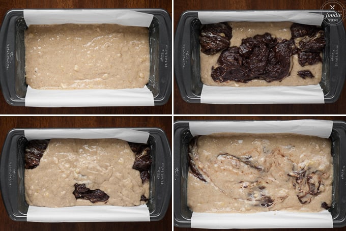 four stages of chocolate swirl banana bread before cooking