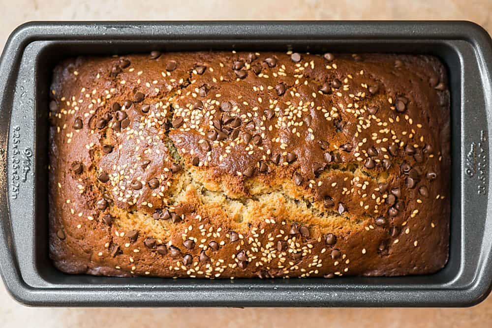 a loaf of chocolate tahini banana bread