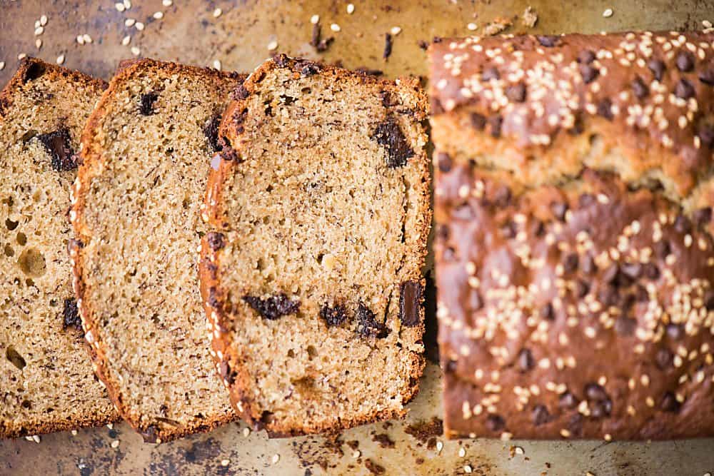 slices of chocolate tahini banana bread