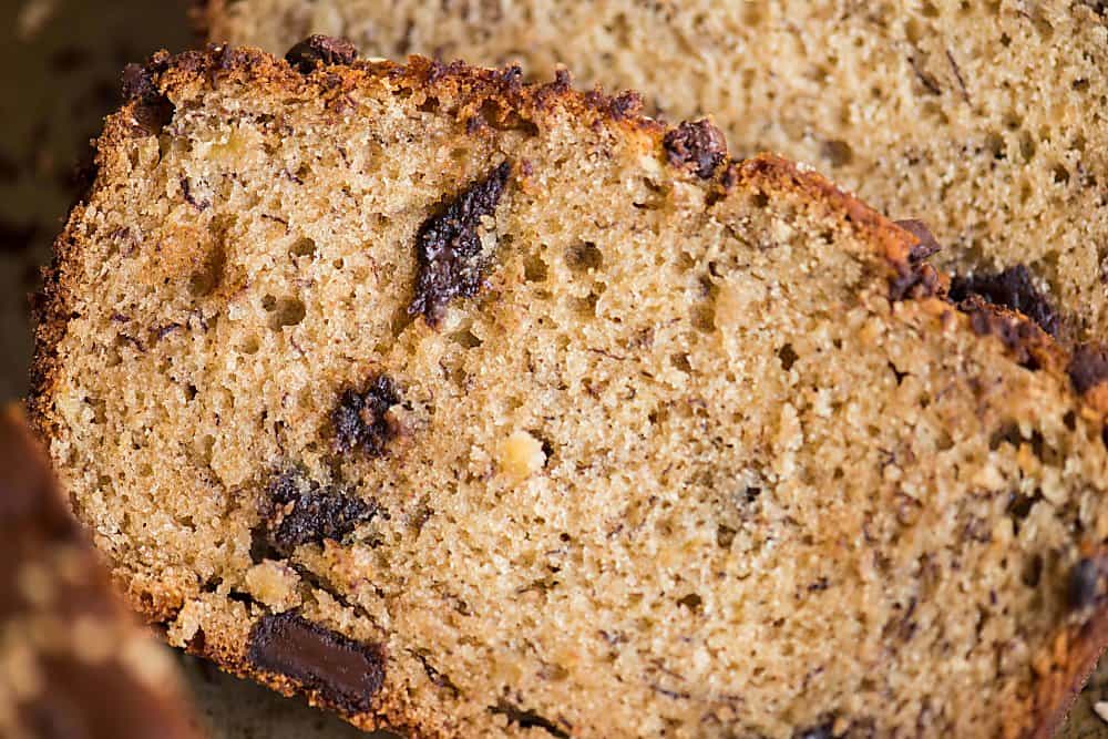 A close up of a piece of chocolate banana bread