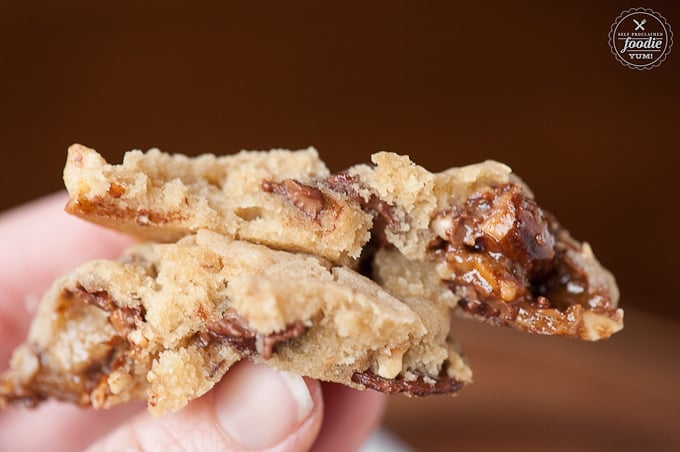 inside of chocolate chip cookie with toffee pieces