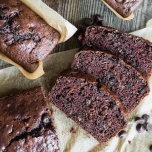 slices of homemade chocolate chocolate chip zucchini bread