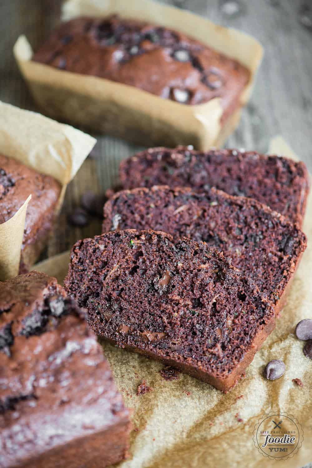 chocolate zucchini bread slices and loaf