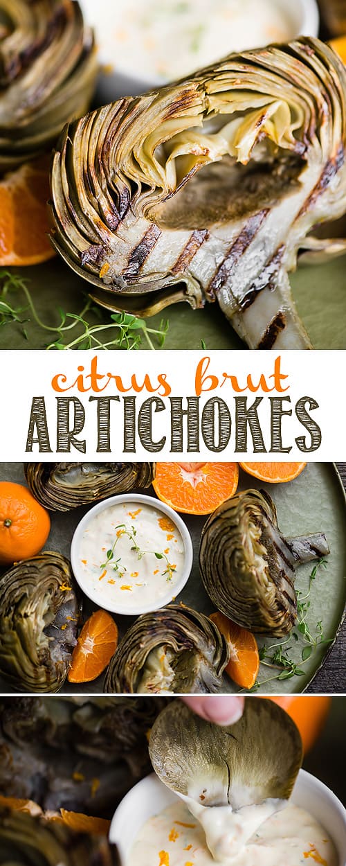Citrus Brut Artichokes are fresh globe artichokes that are steamed to perfection in a bath of fresh orange juice and brut sparkling wine, then finished off on the grill. These lovely appetizers are served with a quick and easy citrus brut aioli dipping sauce. Fresh artichokes have never been so easy and delicious! #artichokes #freshartichokes #aioli #appetizer #steamedartichokes #grilledartichokes
