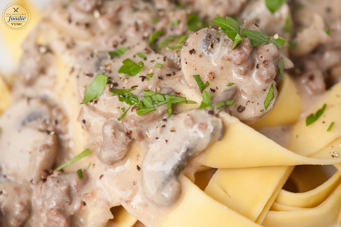 Beef Stroganoff recipe with fresh mushrooms, sirloin steak, and extra wide egg noodles