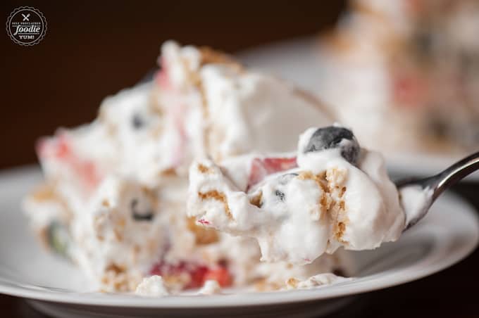 A close up of a piece of icebox cake with berries