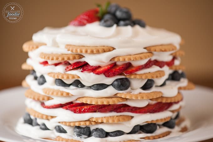 A close up of a decorated cake on a plate, with Berry and Cream