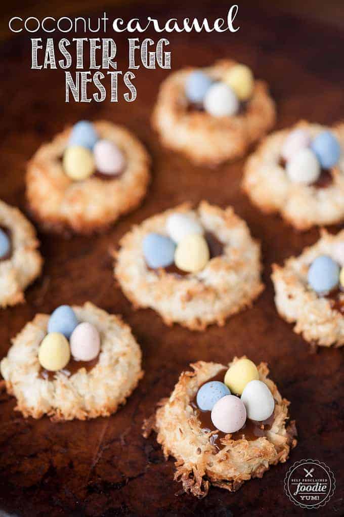 coconut macaroon cookies with caramel sauce and candy eggs made to look like bird nests