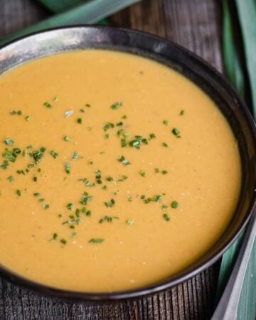 bowl of blended homemade coconut curry leek soup