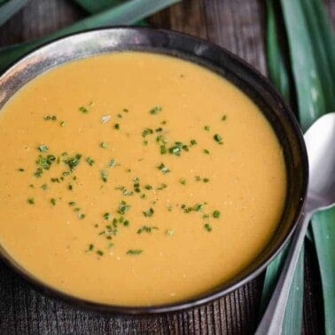 bowl of blended homemade coconut curry leek soup