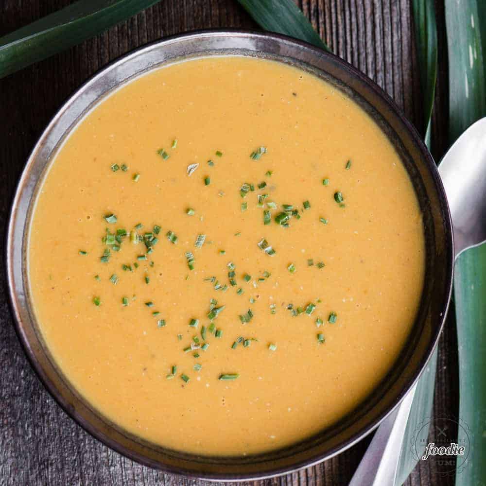 bowl of coconut curry leek soup made in instant pot
