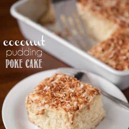 Coconut Pudding Poke Cake is so moist and perfectly sweet because you "poke" holes into the cake to enable the homemade coconut pudding to be in each bite.