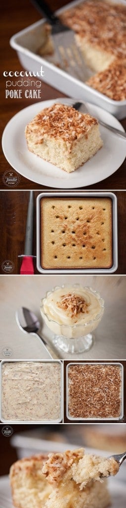 Coconut Pudding Poke Cake is so moist and perfectly sweet because you \&quot;poke\&quot; holes into the cake to enable the homemade coconut pudding to be in each bite.