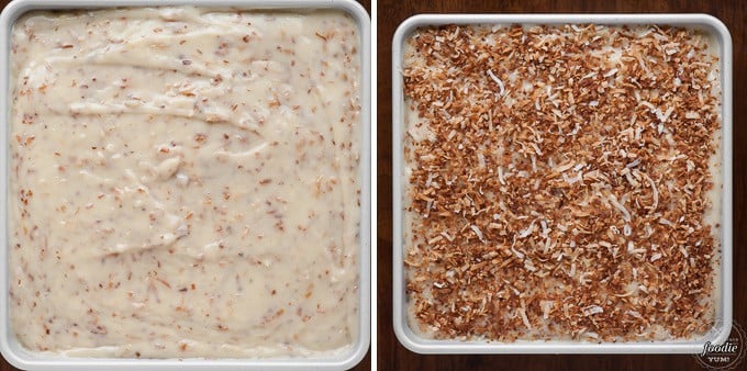 Two images of coconut poke cake, one with a creamy pudding topping and the other with toasted coconut