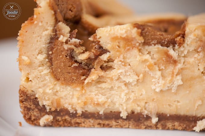 A close up of a piece of cake, with cookie butter