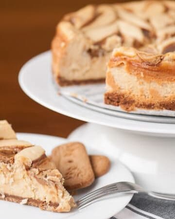 This Cookie Butter Cheesecake transforms a classic cheesecake into the most delicious dessert with a speculoos cookie crust and cookie butter swirl.