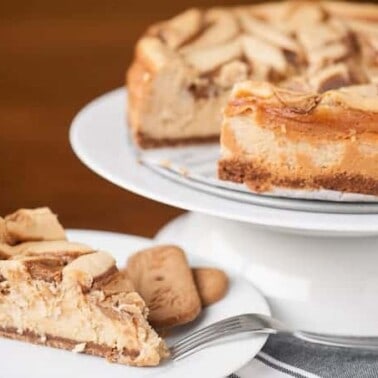 This Cookie Butter Cheesecake transforms a classic cheesecake into the most delicious dessert with a speculoos cookie crust and cookie butter swirl.