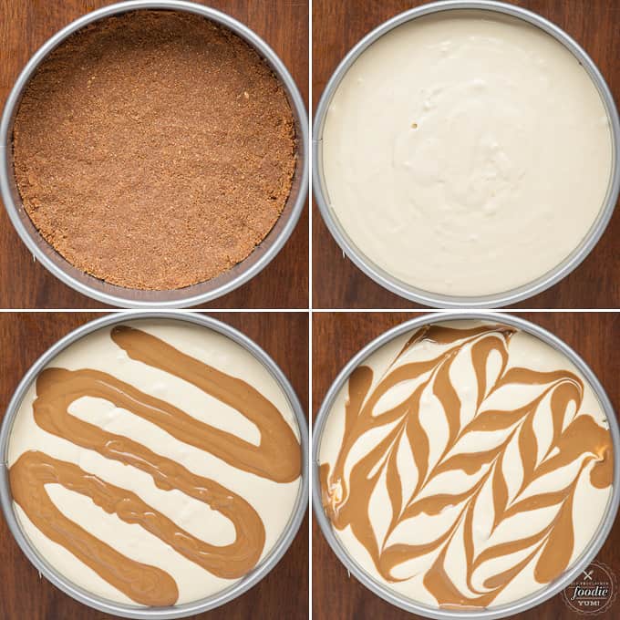 four stages of cookie butter cheesecake