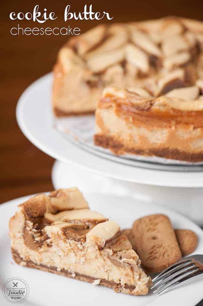 a slice of cookie butter cheesecake on a plate
