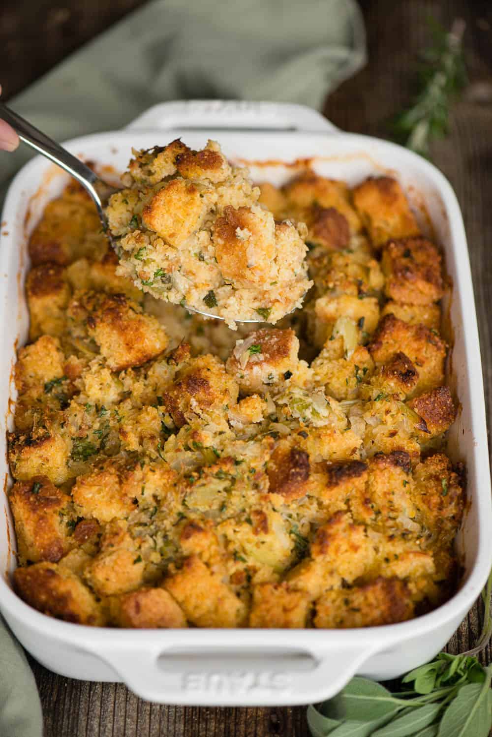 thanksgiving Cornbread Dressing in white rectangle pan