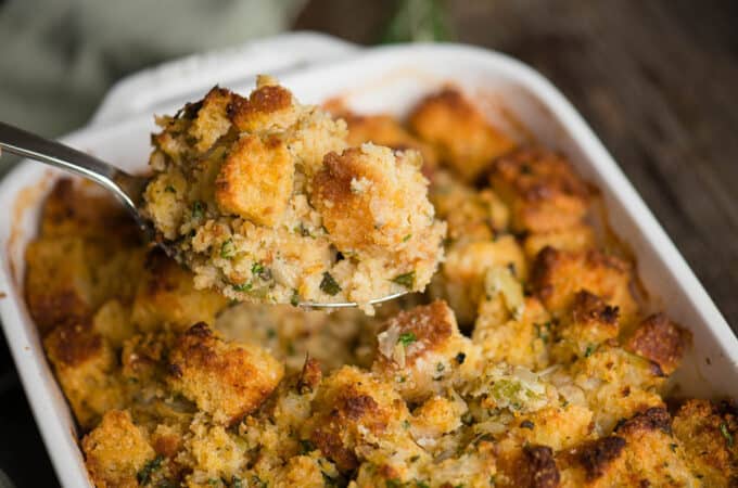 scoop of homemade Cornbread Dressing