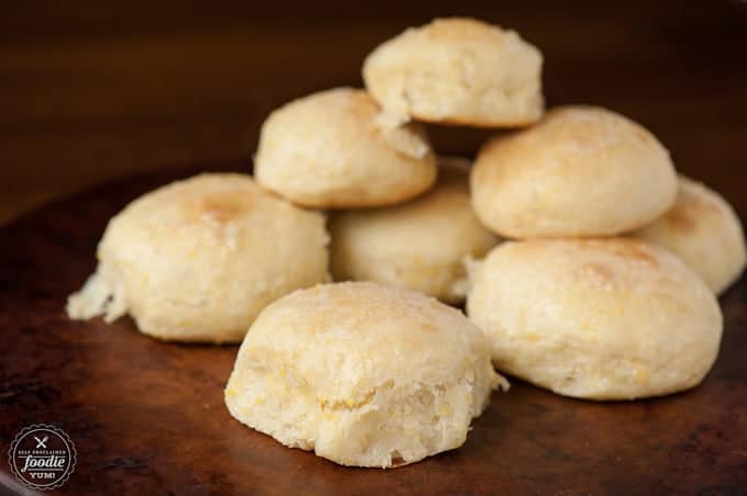 cornmeal yeast rolls on brown serving platter