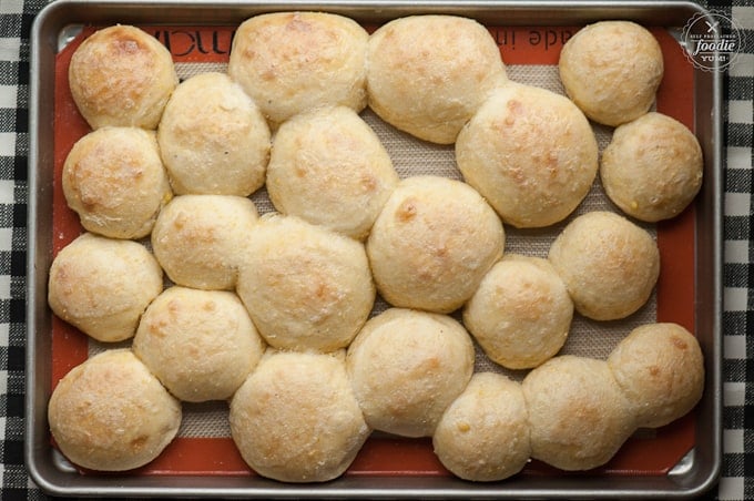 a baking pan of cornmeal yeast rolls