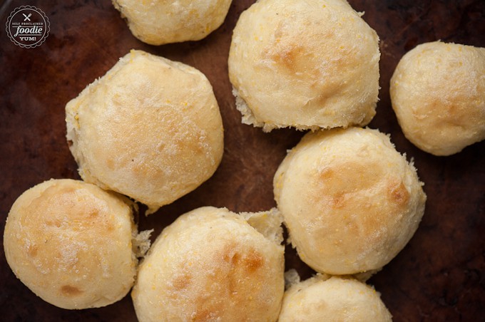 looking down at cornmeal yeast hamburger buns