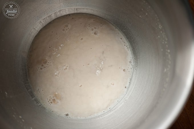 yeast mixed with water in mixing bowl