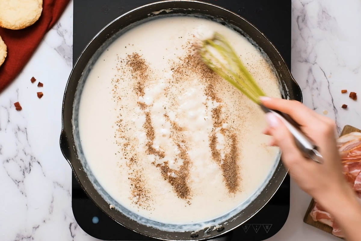 adding seasonings to bacon gravy.