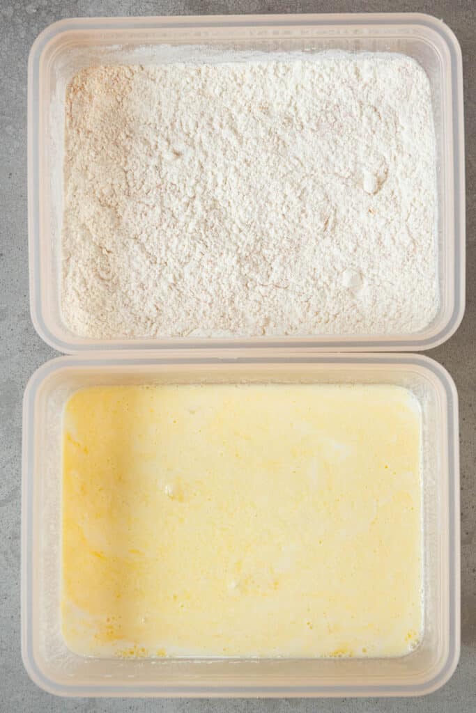 dishes with egg wash and flour