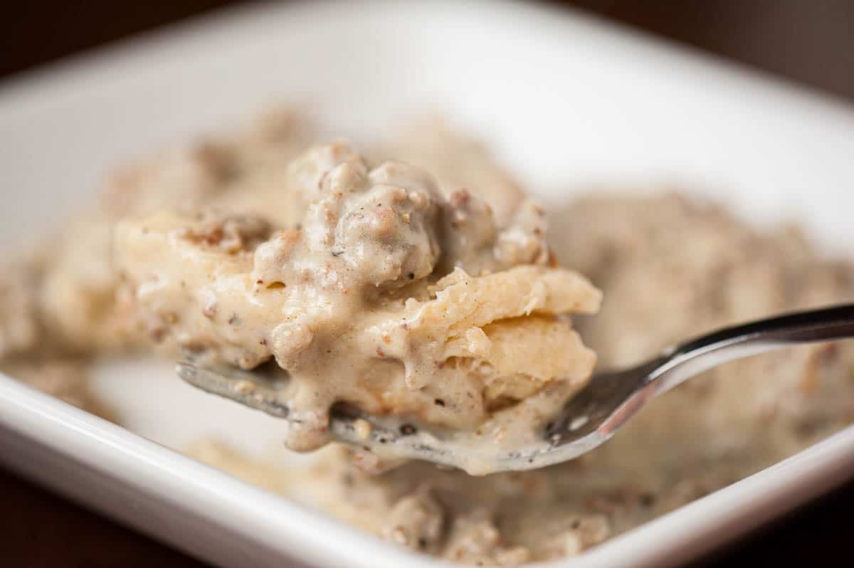 fork with bit of biscuits and gravy.