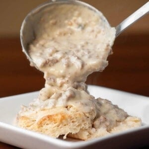 homemade country sausage gravy over buttermilk biscuits.